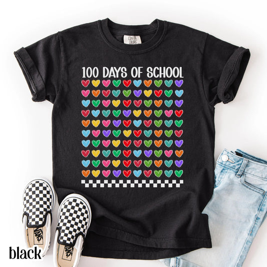 Youth 100 Days Of School Comfort Colors Shirt Kindergarten Kids First Grade TShirt Heart Girls School T-shirt Youth 100 Day School Tee Idea