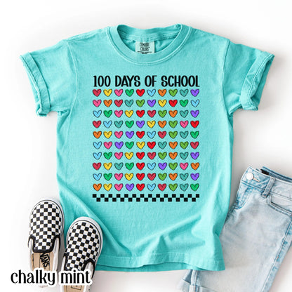 Youth 100 Days Of School Comfort Colors Shirt Kindergarten Kids First Grade TShirt Heart Girls School T-shirt Youth 100 Day School Tee Idea