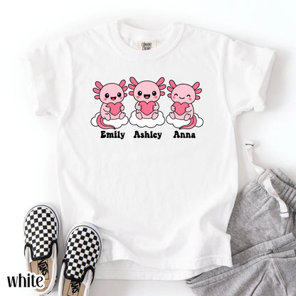 Axolotl Comfort Colors Kids Valentines Day Shirt Names Cute Reptile Heart Shirt Kids Birthday Custom Youth Birthday Shirt Axolotl Lover Gift