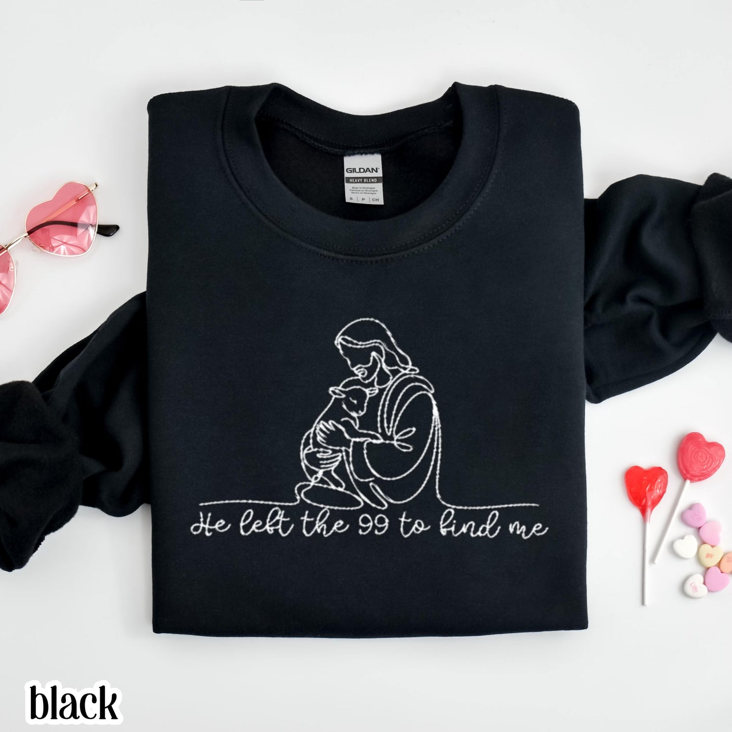Christian Embroidered Sweatshirt He Left The 99 Lost Sheep Sweater Jesus Shepherd Embroidery Pullover Easter Sunday Church Gift Mom Grandma