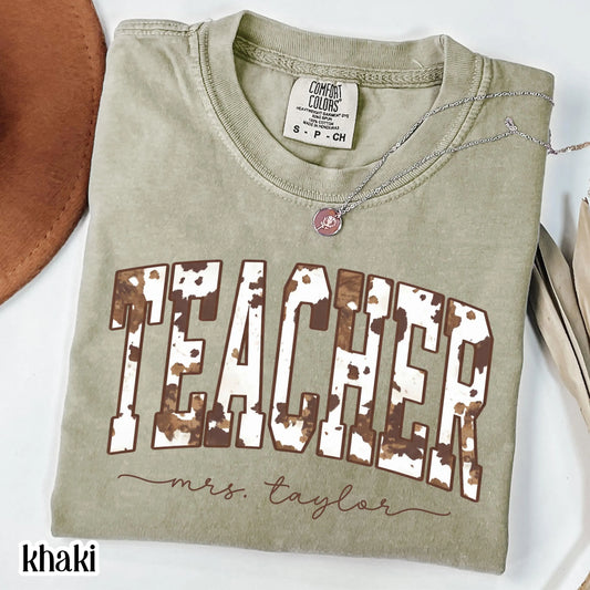Teacher Comfort Colors Shirt Custom Name Kindergarten Tshirt First Grade Cow Print T-shirt Teacher Appreciation Back To School Tee Educator