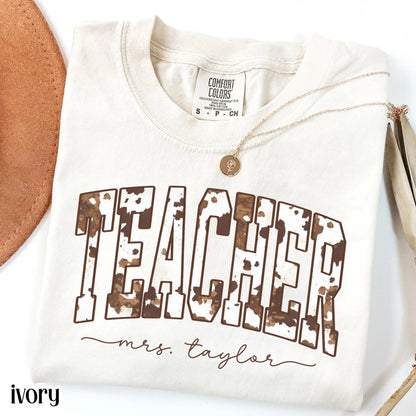 Teacher Comfort Colors Shirt Custom Name Kindergarten Tshirt First Grade Cow Print T-shirt Teacher Appreciation Back To School Tee Educator