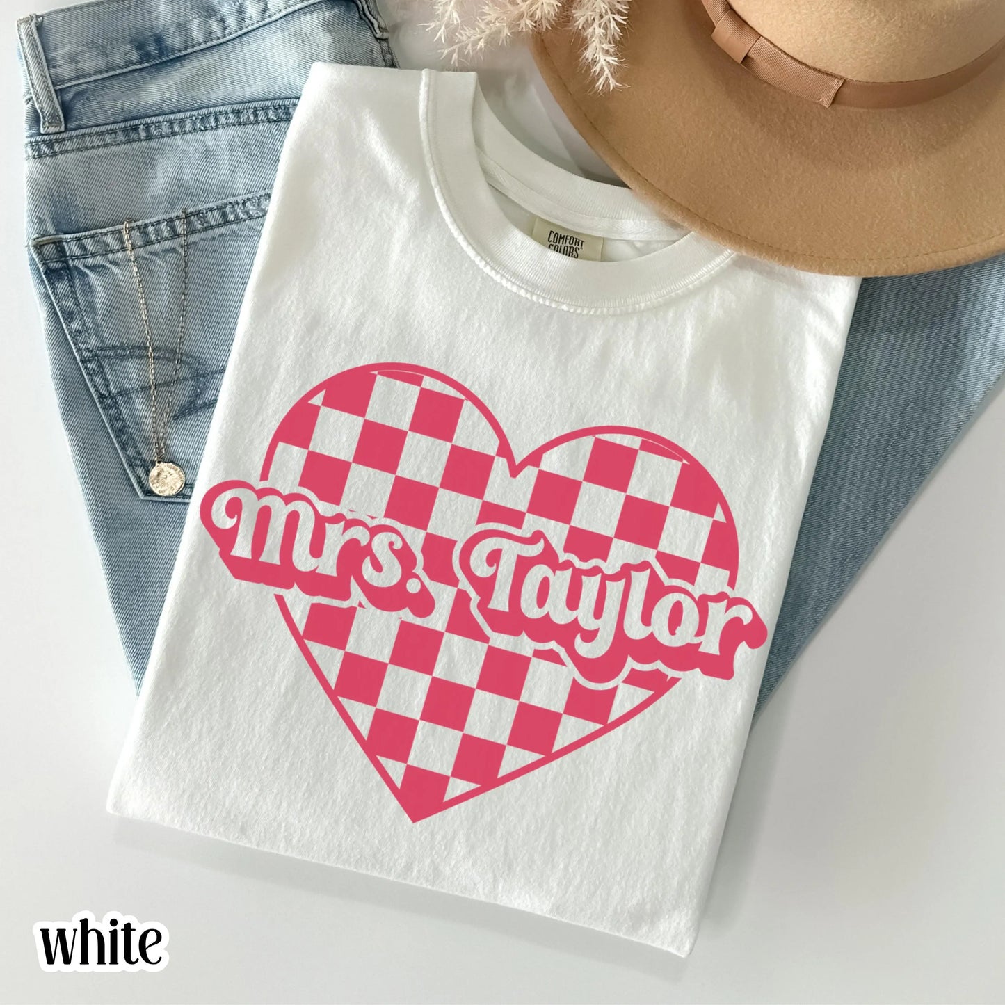 Teacher Valentines Day Comfort Colors Shirt Custom Name Kindergarten Teacher Heart T-Shirt Cute Vday Preschool Tee First Grade Educator
