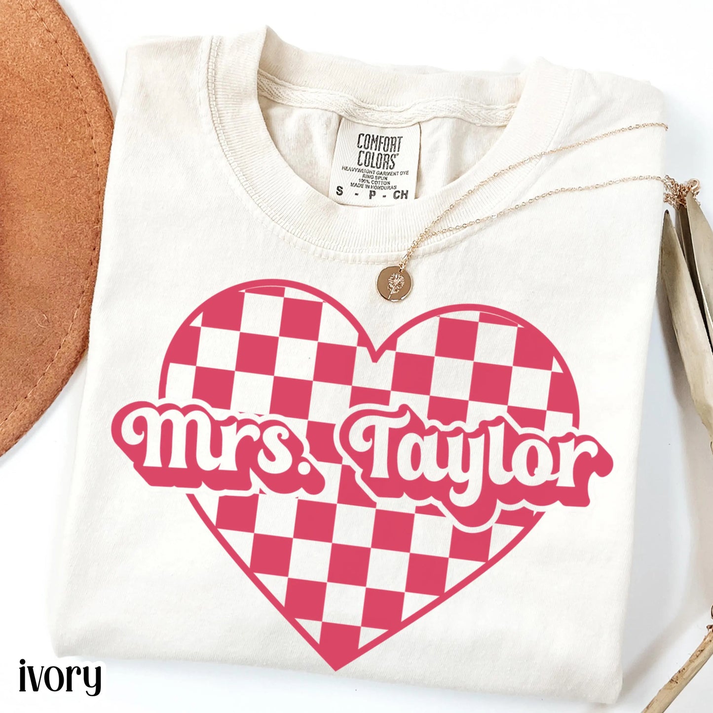 Teacher Valentines Day Comfort Colors Shirt Custom Name Kindergarten Teacher Heart T-Shirt Cute Vday Preschool Tee First Grade Educator