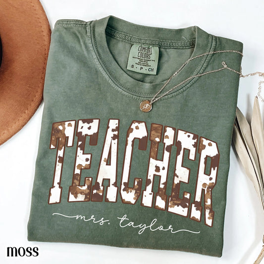 Teacher Comfort Colors Shirt Custom Name Kindergarten Tshirt First Grade Cow Print T-shirt Teacher Appreciation Back To School Tee Educator