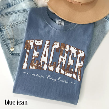Teacher Comfort Colors Shirt Custom Name Kindergarten Tshirt First Grade Cow Print T-shirt Teacher Appreciation Back To School Tee Educator