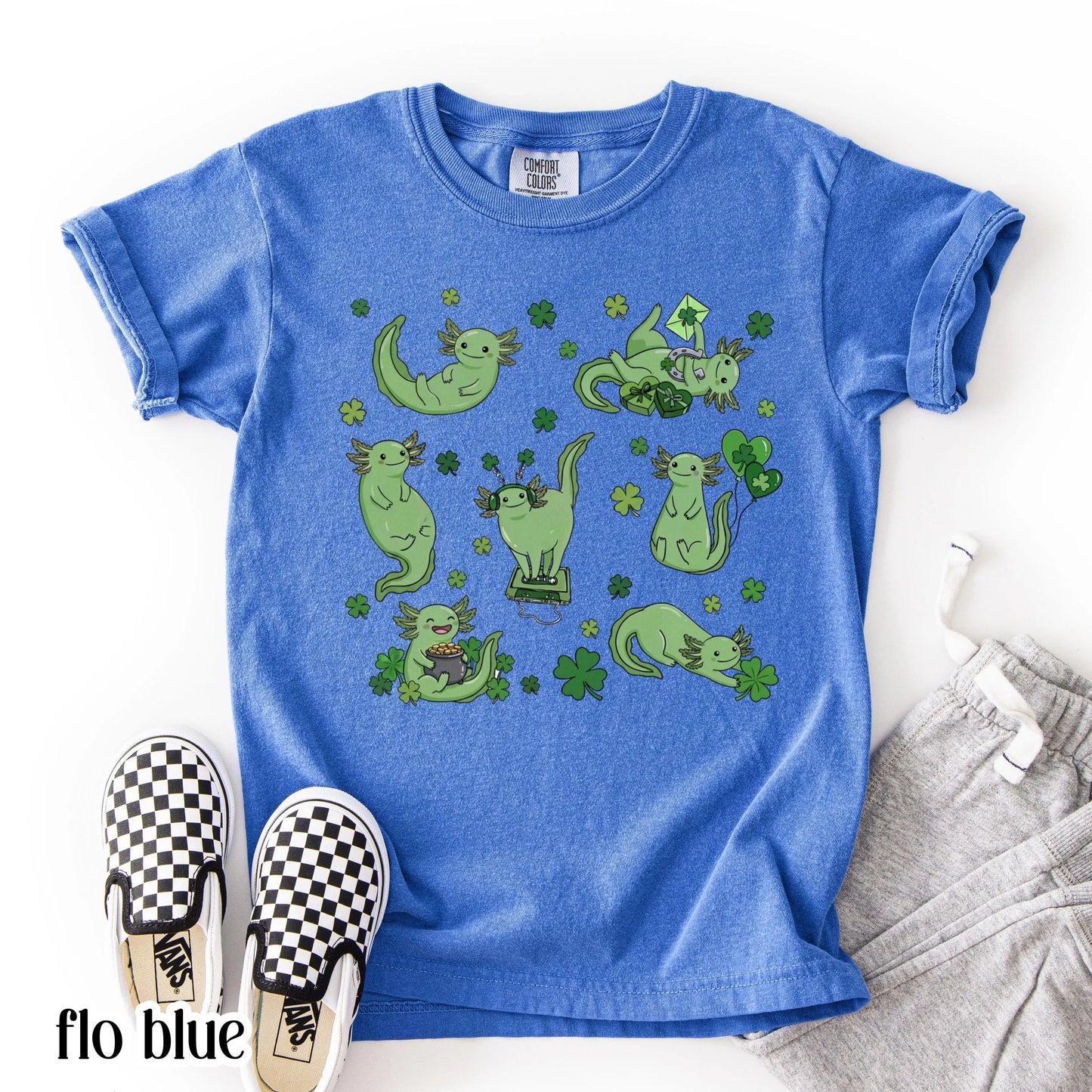 Youth Axolotl St Patricks Day Comfort Colors Shirt Kids Lucky Axolotl TShirt Saint Patrick's Day Girls School T-shirt Youth Reptile Tee