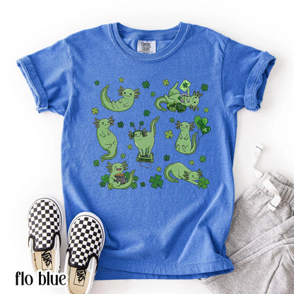 Youth Axolotl St Patricks Day Comfort Colors Shirt Kids Lucky Axolotl TShirt Saint Patrick's Day Girls School T-shirt Youth Reptile Tee