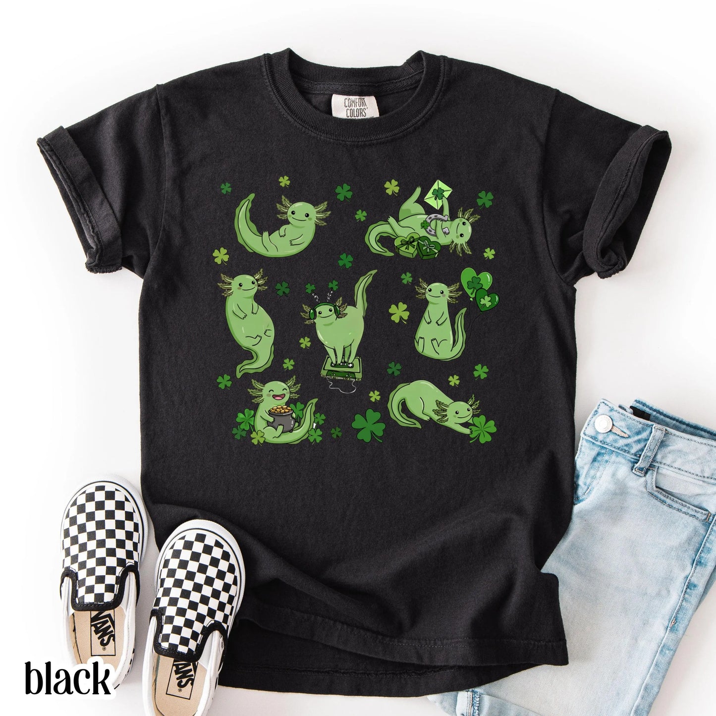 Youth Axolotl St Patricks Day Comfort Colors Shirt Kids Lucky Axolotl TShirt Saint Patrick's Day Girls School T-shirt Youth Reptile Tee