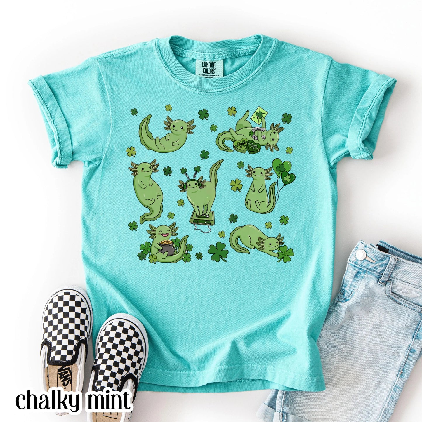 Youth Axolotl St Patricks Day Comfort Colors Shirt Kids Lucky Axolotl TShirt Saint Patrick's Day Girls School T-shirt Youth Reptile Tee