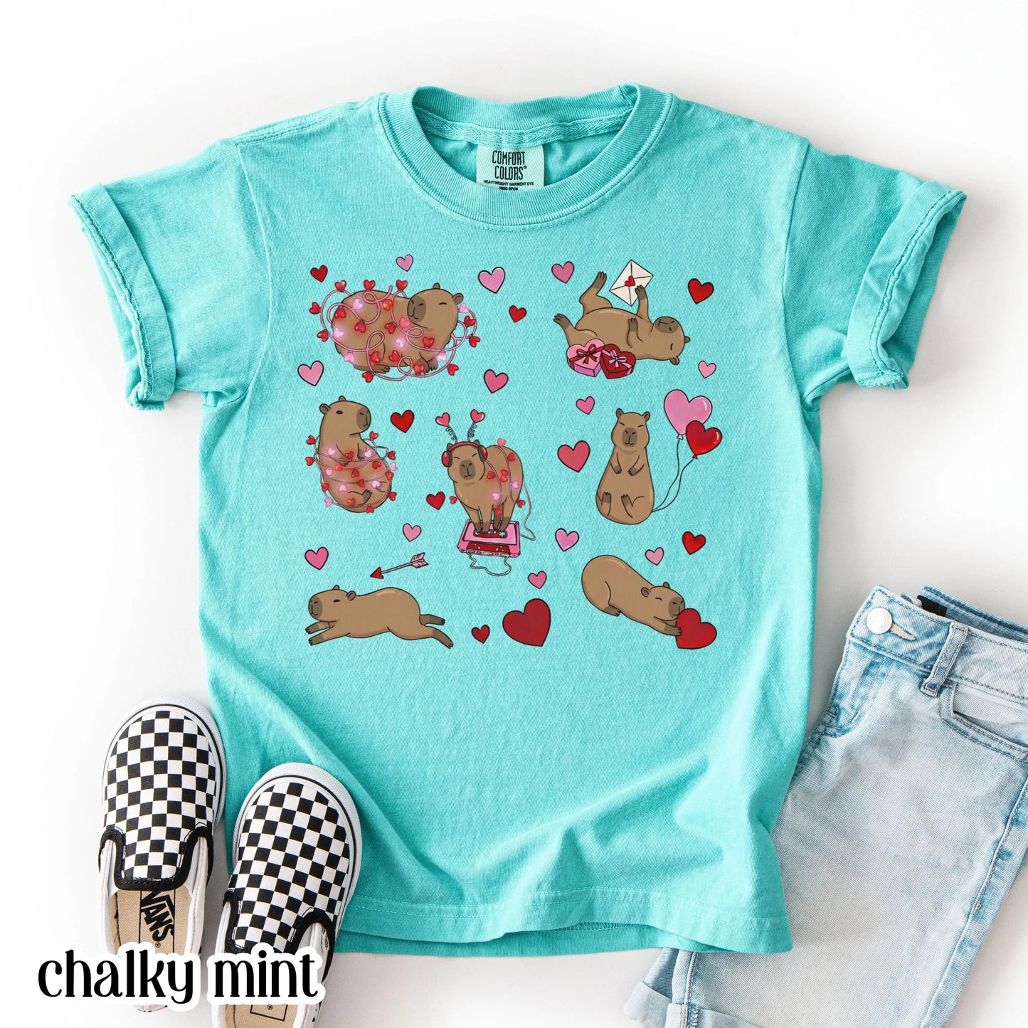Capybara Valentines Day Comfort Colors Shirt Kids Cute Capy Vday TShirt Girls Animal V-day School T-shirt Youth Heart Love Day Tee Gift