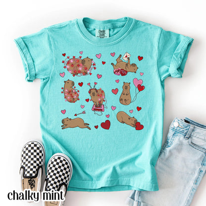 Capybara Valentines Day Comfort Colors Shirt Kids Cute Capy Vday TShirt Girls Animal V-day School T-shirt Youth Heart Love Day Tee Gift