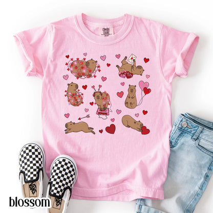 Capybara Valentines Day Comfort Colors Shirt Kids Cute Capy Vday TShirt Girls Animal V-day School T-shirt Youth Heart Love Day Tee Gift