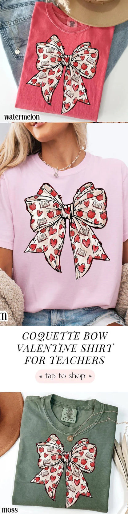 Teacher Valentines Day Comfort Colors Shirt First Grade Teacher T-Shirt Cute Coquette Bow Pink Vday Kindergarten Teach Tee For School Tshirt