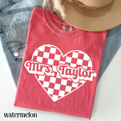 Teacher Valentines Day Comfort Colors Shirt Custom Name Kindergarten Teacher Heart T-Shirt Cute Vday Preschool Tee First Grade Educator