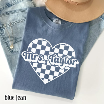 Teacher Valentines Day Comfort Colors Shirt Custom Name Kindergarten Teacher Heart T-Shirt Cute Vday Preschool Tee First Grade Educator