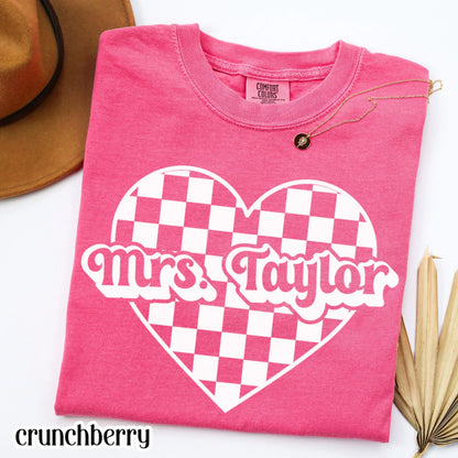 Teacher Valentines Day Comfort Colors Shirt Custom Name Kindergarten Teacher Heart T-Shirt Cute Vday Preschool Tee First Grade Educator