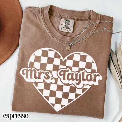Teacher Valentines Day Comfort Colors Shirt Custom Name Kindergarten Teacher Heart T-Shirt Cute Vday Preschool Tee First Grade Educator