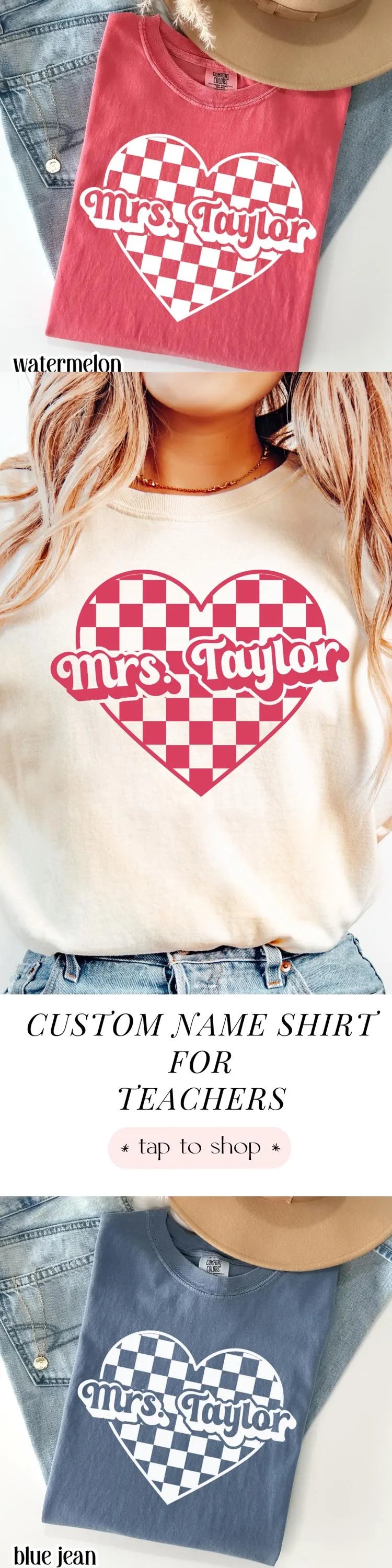 Teacher Valentines Day Comfort Colors Shirt Custom Name Kindergarten Teacher Heart T-Shirt Cute Vday Preschool Tee First Grade Educator
