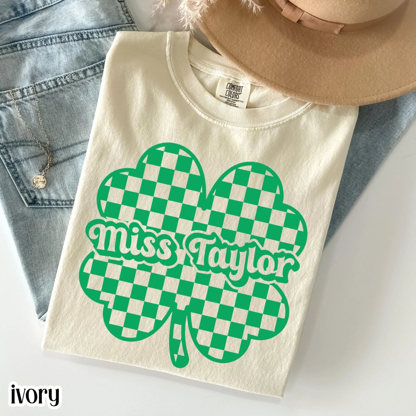 Teacher St Patrick's Day Comfort Colors Shirt Custom Name Kindergarten Teacher Clover T-Shirt Cute Lucky Preschool Tee First Grade Educator