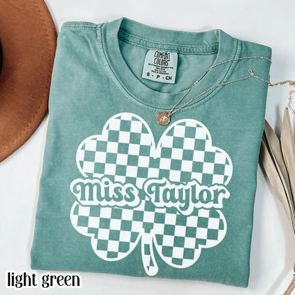 Teacher St Patrick's Day Comfort Colors Shirt Custom Name Kindergarten Teacher Clover T-Shirt Cute Lucky Preschool Tee First Grade Educator
