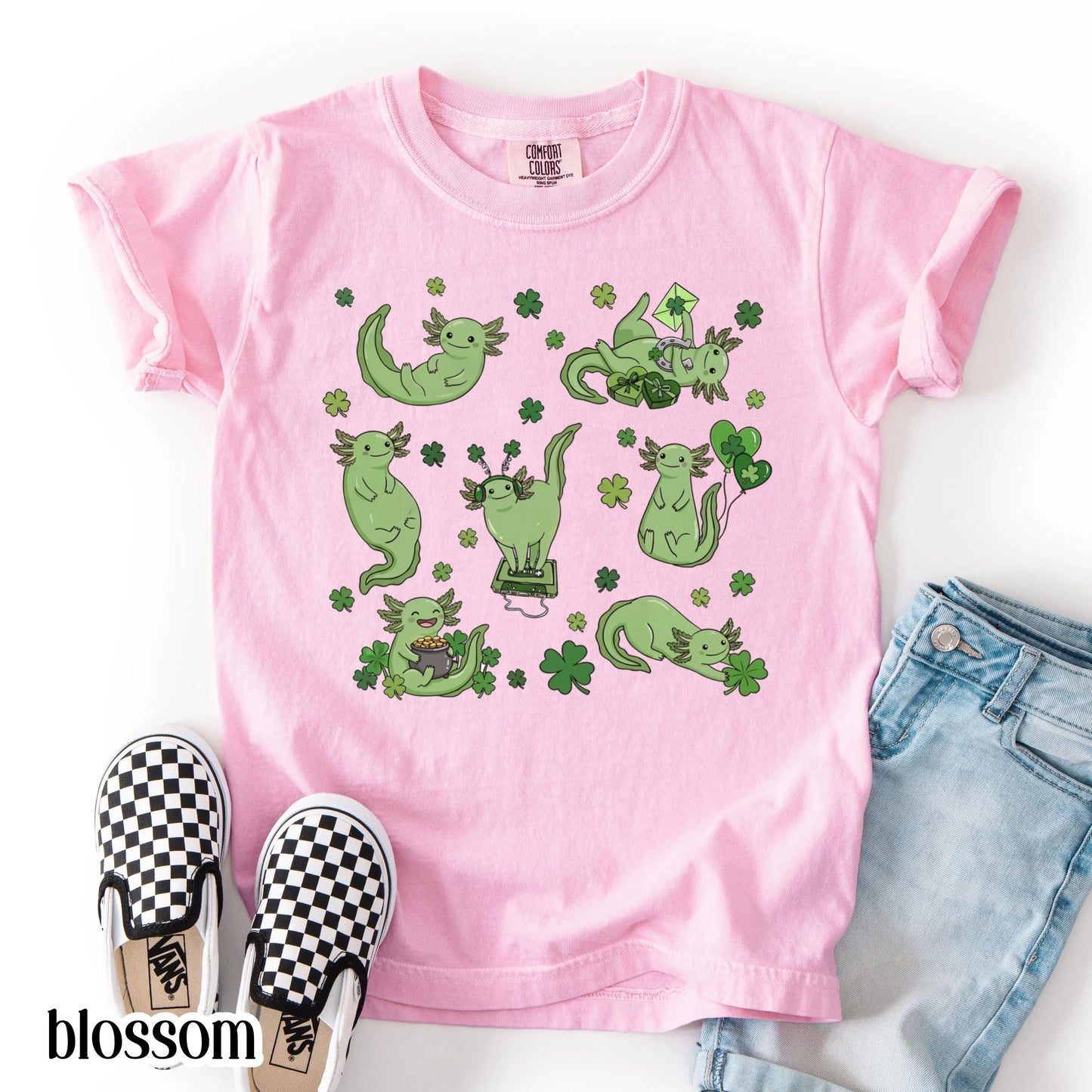 Youth Axolotl St Patricks Day Comfort Colors Shirt Kids Lucky Axolotl TShirt Saint Patrick's Day Girls School T-shirt Youth Reptile Tee