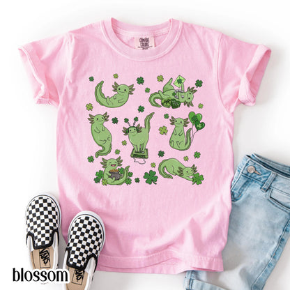 Youth Axolotl St Patricks Day Comfort Colors Shirt Kids Lucky Axolotl TShirt Saint Patrick's Day Girls School T-shirt Youth Reptile Tee