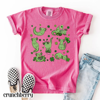 Youth Axolotl St Patricks Day Comfort Colors Shirt Kids Lucky Axolotl TShirt Saint Patrick's Day Girls School T-shirt Youth Reptile Tee