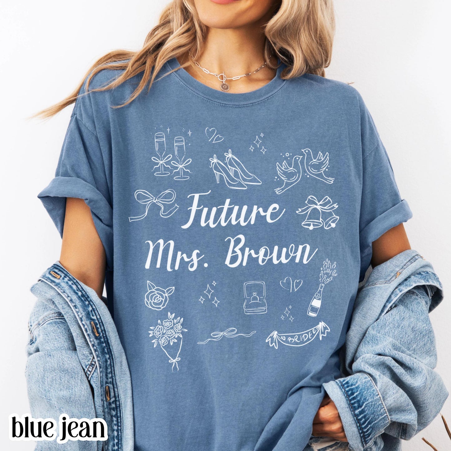 Custom Bride Comfort Colors Shirt Future Mrs. Personalized Tee Engaged Name T-Shirt Bachelorette Party Doodle Coquette Wedding Shower Tshirt