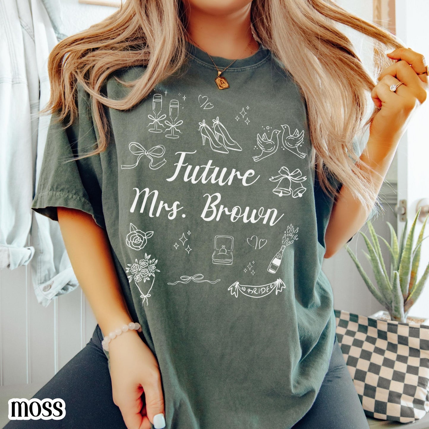 Custom Bride Comfort Colors Shirt Future Mrs. Personalized Tee Engaged Name T-Shirt Bachelorette Party Doodle Coquette Wedding Shower Tshirt