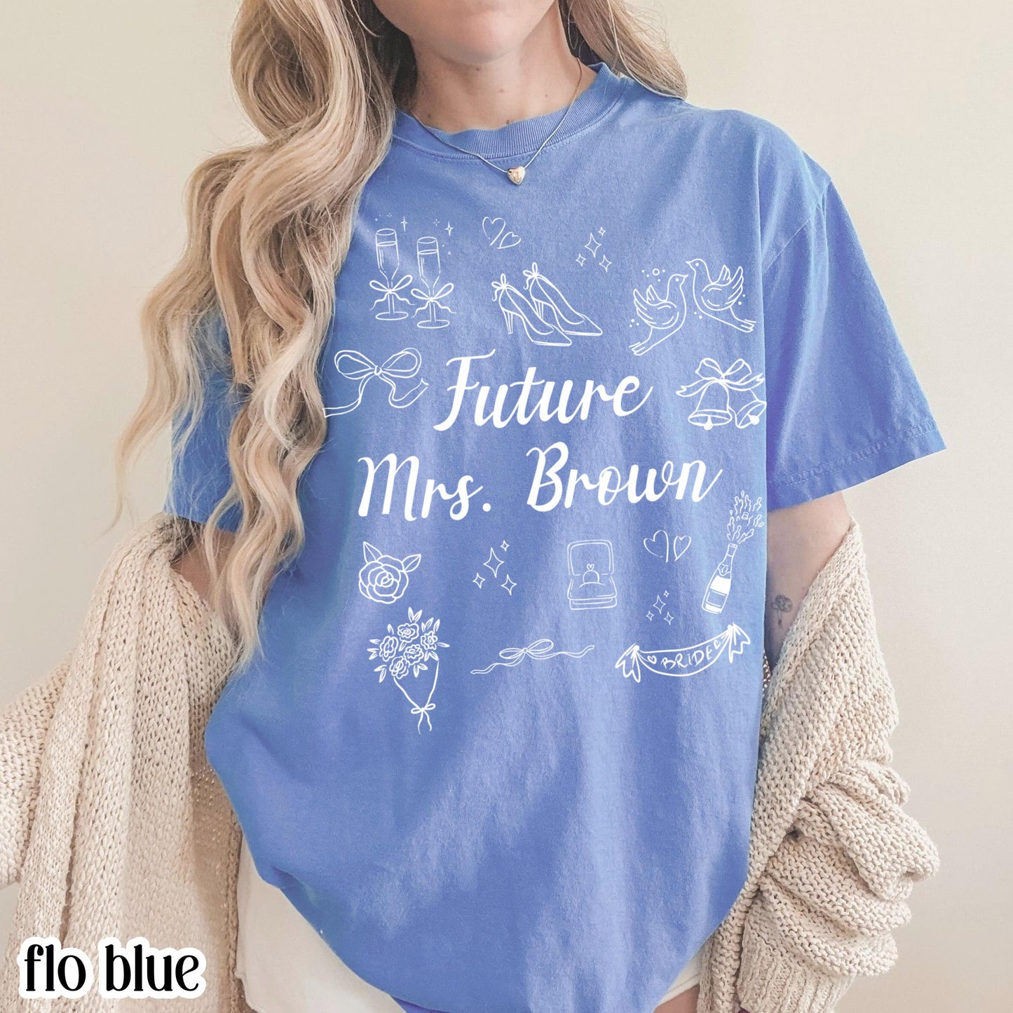 Custom Bride Comfort Colors Shirt Future Mrs. Personalized Tee Engaged Name T-Shirt Bachelorette Party Doodle Coquette Wedding Shower Tshirt
