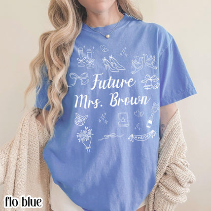 Custom Bride Comfort Colors Shirt Future Mrs. Personalized Tee Engaged Name T-Shirt Bachelorette Party Doodle Coquette Wedding Shower Tshirt