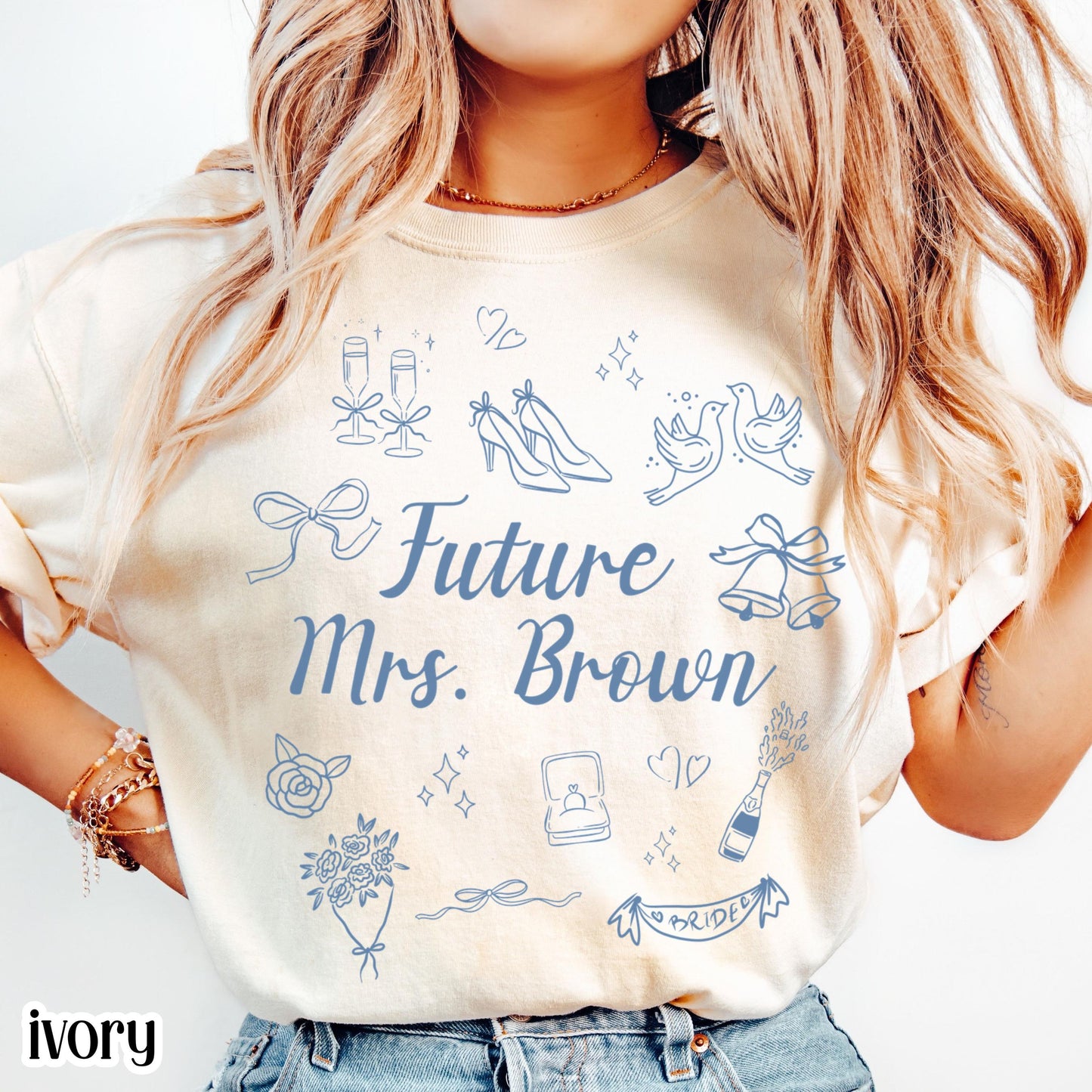 Custom Bride Comfort Colors Shirt Future Mrs. Personalized Tee Engaged Name T-Shirt Bachelorette Party Doodle Coquette Wedding Shower Tshirt
