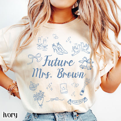 Custom Bride Comfort Colors Shirt Future Mrs. Personalized Tee Engaged Name T-Shirt Bachelorette Party Doodle Coquette Wedding Shower Tshirt