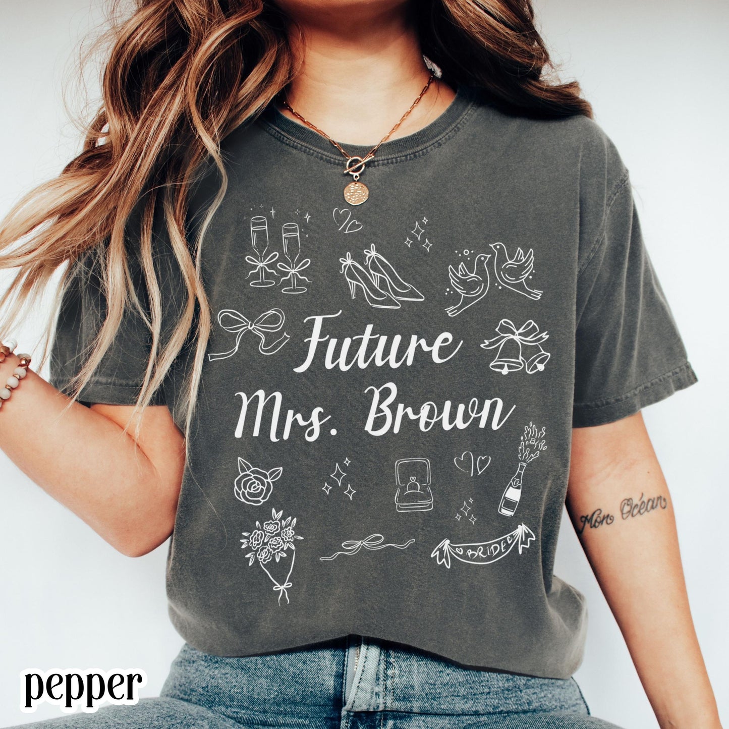 Custom Bride Comfort Colors Shirt Future Mrs. Personalized Tee Engaged Name T-Shirt Bachelorette Party Doodle Coquette Wedding Shower Tshirt