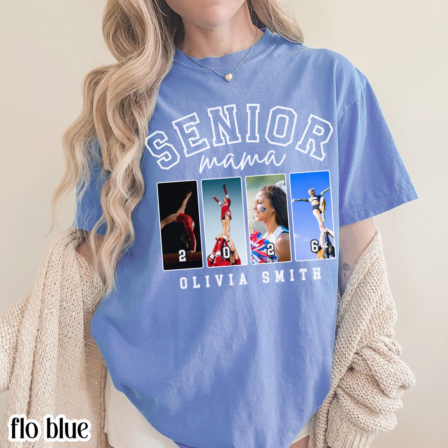 Custom 2026 Senior Cheer Mom Shirt Custom Cheerleader Photo Shirt High School Graduation Mothers Day Mama Shirt with Name Senior Night Tee