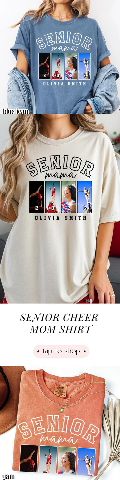 Custom 2026 Senior Cheer Mom Shirt Custom Cheerleader Photo Shirt High School Graduation Mothers Day Mama Shirt with Name Senior Night Tee