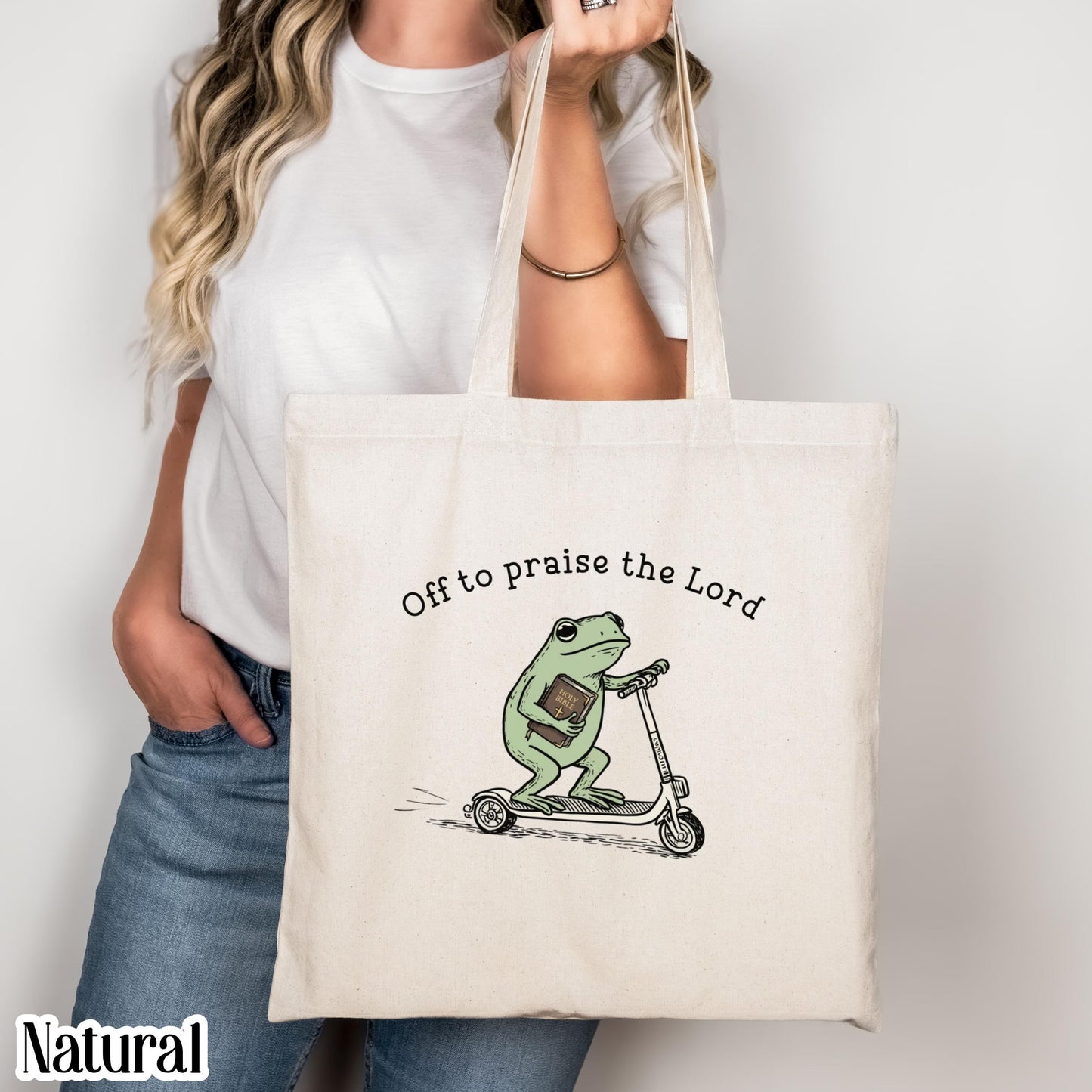 Christian Tote Bag Funny Frog Bible Canvas Tote Off To Praise The Lord Frog Toad Scooter Purse Faith Believer Gift for Christian Teen