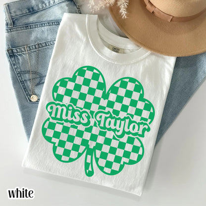 Teacher St Patrick's Day Comfort Colors Shirt Custom Name Kindergarten Teacher Clover T-Shirt Cute Lucky Preschool Tee First Grade Educator