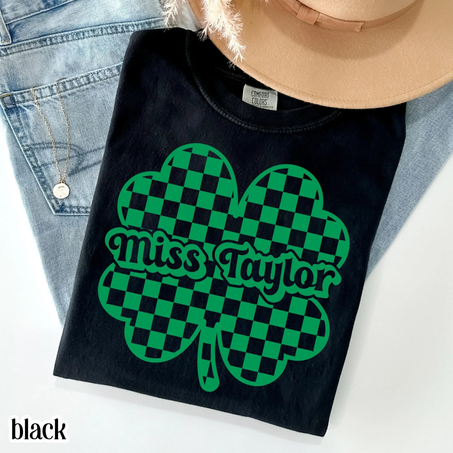 Teacher St Patrick's Day Comfort Colors Shirt Custom Name Kindergarten Teacher Clover T-Shirt Cute Lucky Preschool Tee First Grade Educator