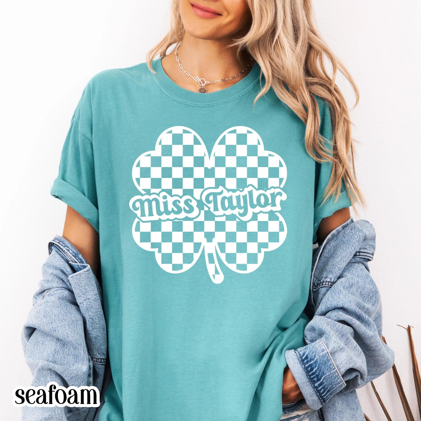 Teacher St Patrick's Day Comfort Colors Shirt Custom Name Kindergarten Teacher Clover T-Shirt Cute Lucky Preschool Tee First Grade Educator