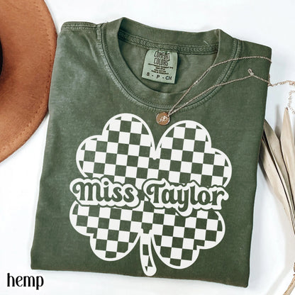 Teacher St Patrick's Day Comfort Colors Shirt Custom Name Kindergarten Teacher Clover T-Shirt Cute Lucky Preschool Tee First Grade Educator