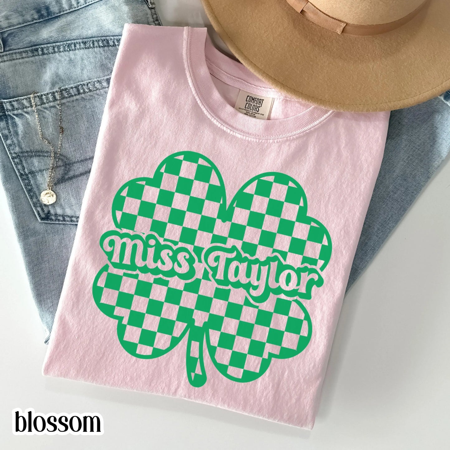 Teacher St Patrick's Day Comfort Colors Shirt Custom Name Kindergarten Teacher Clover T-Shirt Cute Lucky Preschool Tee First Grade Educator