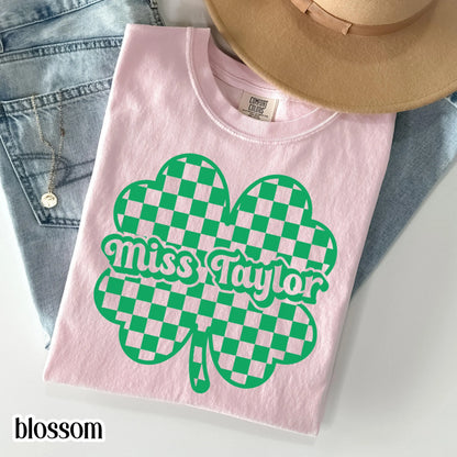 Teacher St Patrick's Day Comfort Colors Shirt Custom Name Kindergarten Teacher Clover T-Shirt Cute Lucky Preschool Tee First Grade Educator