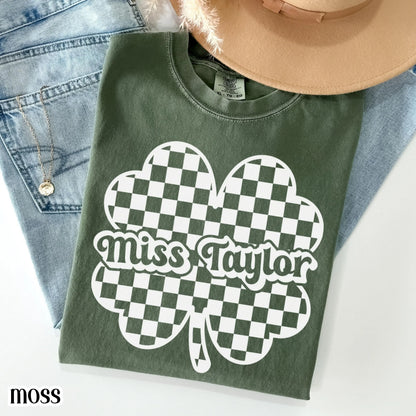 Teacher St Patrick's Day Comfort Colors Shirt Custom Name Kindergarten Teacher Clover T-Shirt Cute Lucky Preschool Tee First Grade Educator