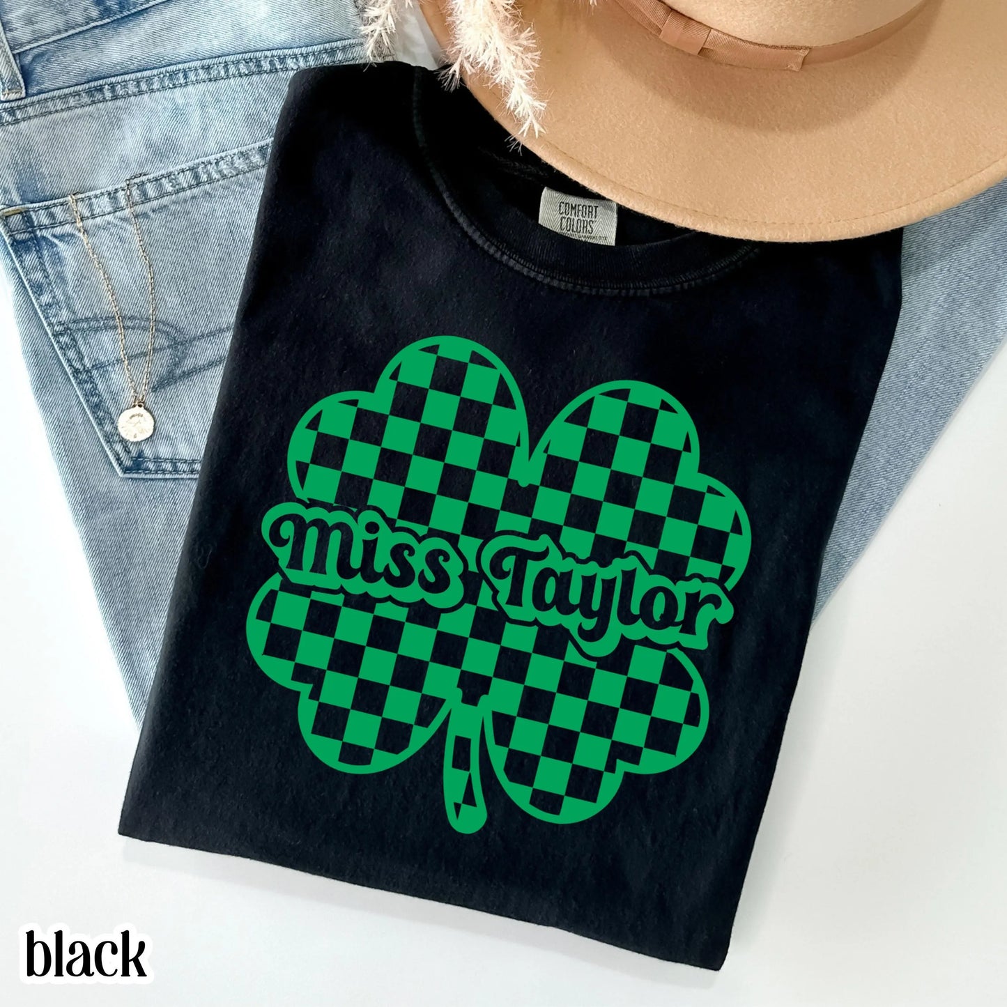 Teacher St Patrick's Day Comfort Colors Shirt Custom Name Kindergarten Teacher Clover T-Shirt Cute Lucky Preschool Tee First Grade Educator