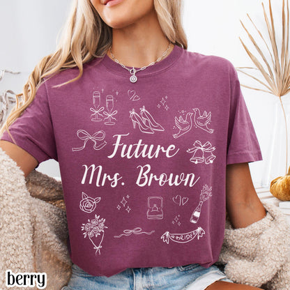 Custom Bride Comfort Colors Shirt Future Mrs. Personalized Tee Engaged Name T-Shirt Bachelorette Party Doodle Coquette Wedding Shower Tshirt