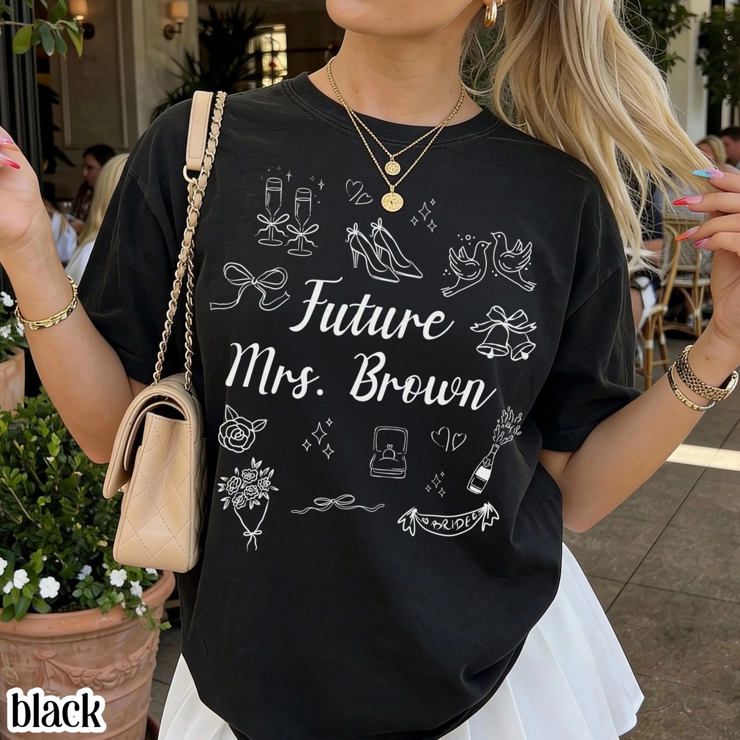 Custom Bride Comfort Colors Shirt Future Mrs. Personalized Tee Engaged Name T-Shirt Bachelorette Party Doodle Coquette Wedding Shower Tshirt