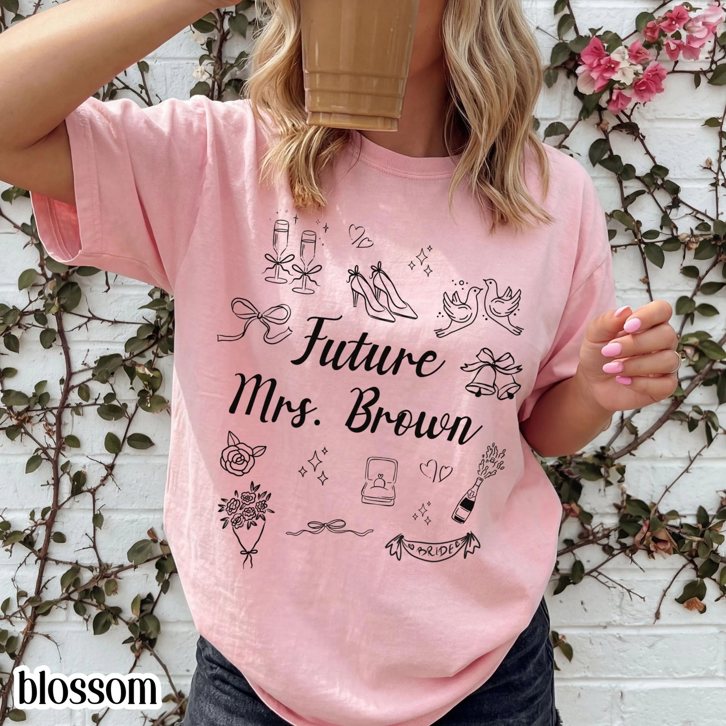 Custom Bride Comfort Colors Shirt Future Mrs. Personalized Tee Engaged Name T-Shirt Bachelorette Party Doodle Coquette Wedding Shower Tshirt