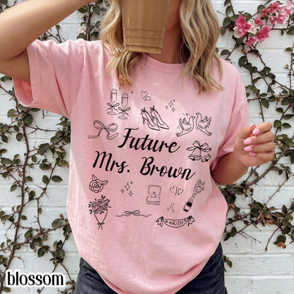 Custom Bride Comfort Colors Shirt Future Mrs. Personalized Tee Engaged Name T-Shirt Bachelorette Party Doodle Coquette Wedding Shower Tshirt